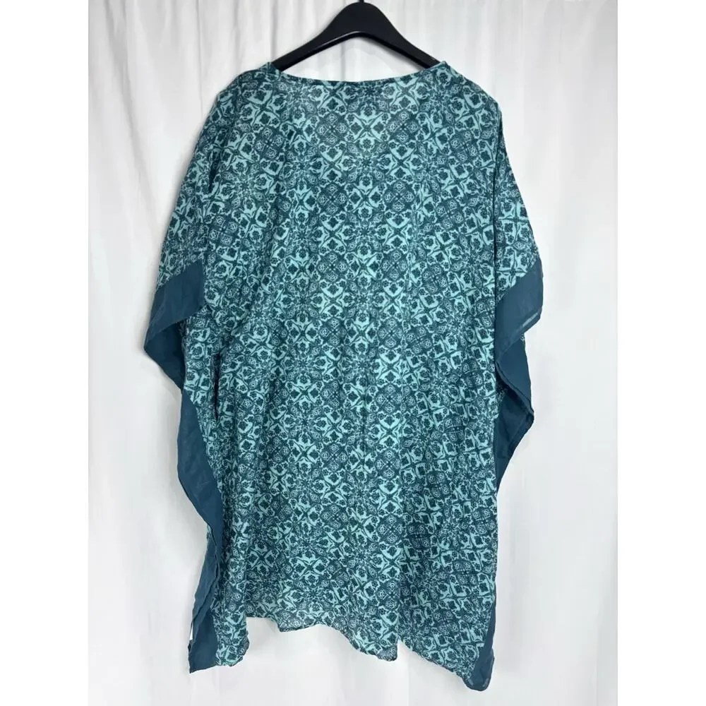 Denim & Co. Beach Printed Caftan Cover-Up Cinched Waist Teal Size M Beach Resort